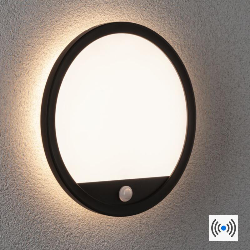 Paulmann 94664 LED Außenpanel Lamina Backlight Bewegungsmelder seewasserresistent Spritzwasser geschützt rund 280mm warmweiß 14,5W Schwarz Kunststoff