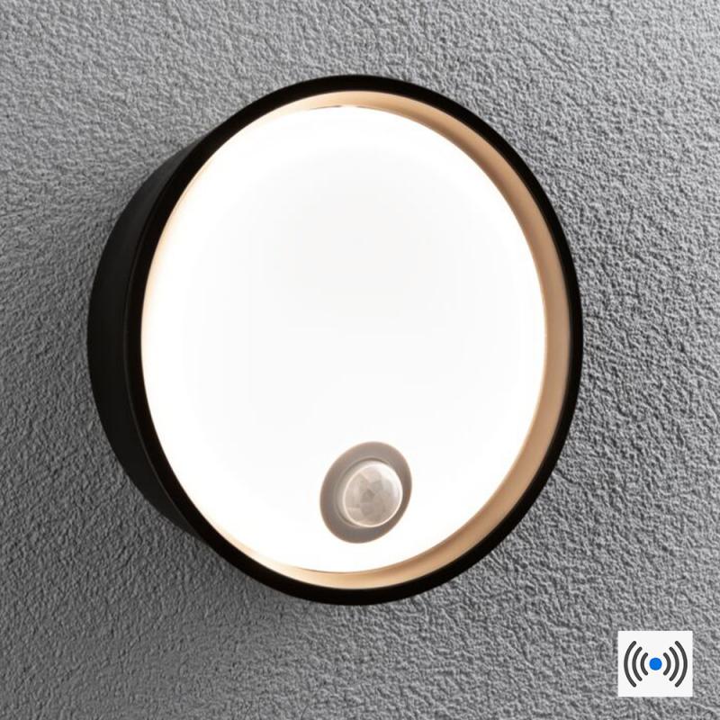 Paulmann 94698 LED Außenwandleuchte Platomo Bewegungsmelder seewasserresistent Spritzwasser geschützt rund 180mm warmweiß 14,5W Schwarz Kunststoff