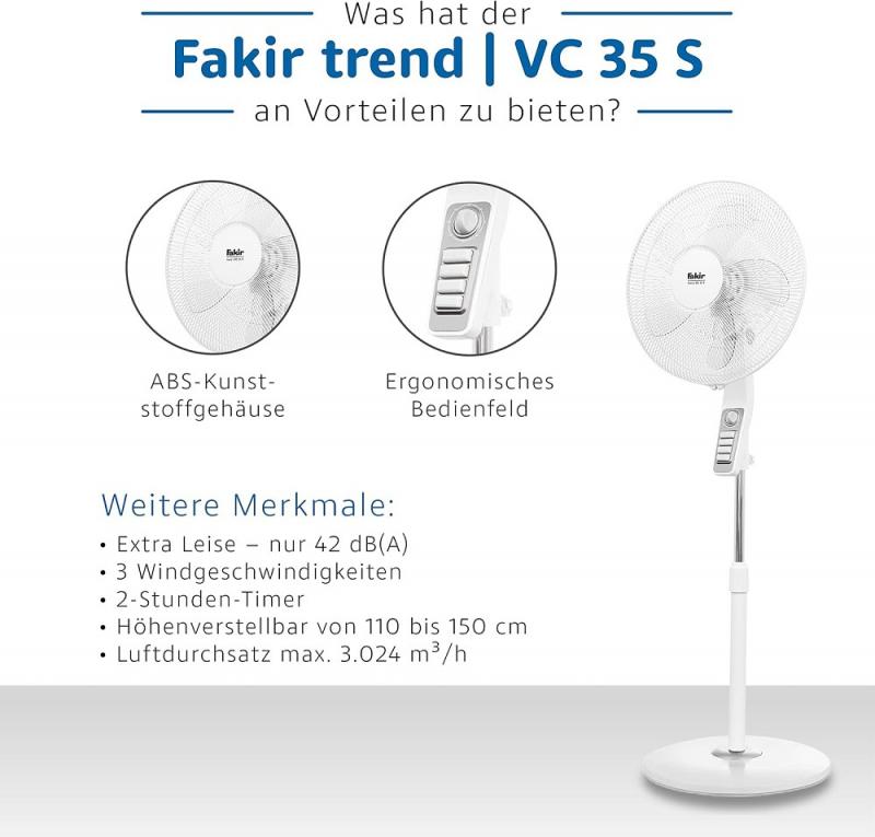 Fakir SDA 6958009 Standventilator VC 35 S in Weiß 3 Stufen, Timer, höhenverstellbar