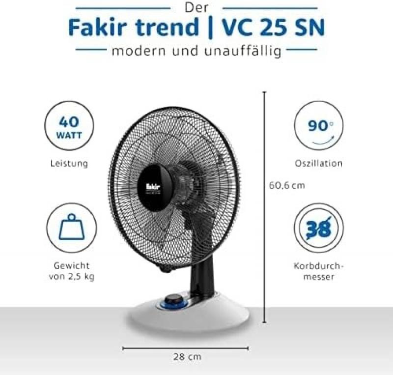 Fakir Trend Tischventilator VC 25 SN  in Weiß/Schwarz 4 Stufen, Oszillation horizontal, einstellbarer Neigungswinkel