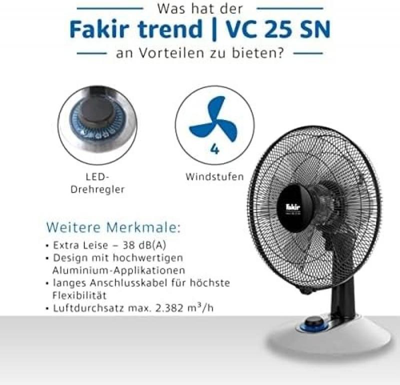 Fakir Trend Tischventilator VC 25 SN  in Weiß/Schwarz 4 Stufen, Oszillation horizontal, einstellbarer Neigungswinkel