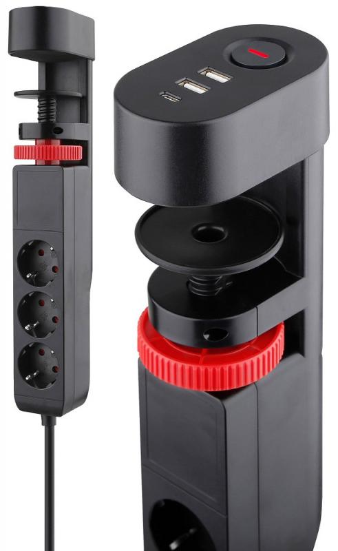 REV ChiliTec Steckdosenleiste für Tischmontage REV 3-fach, 3m Kabel, USB-A /USB-C