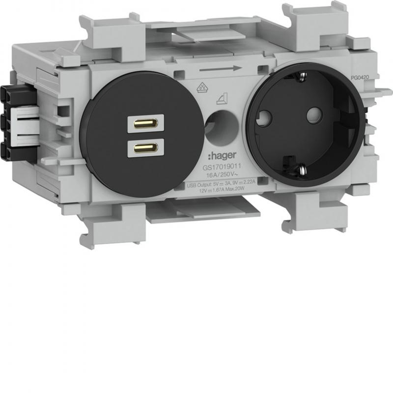 Hager Steckdose 1f. + USB C/C PD Wago Front gs