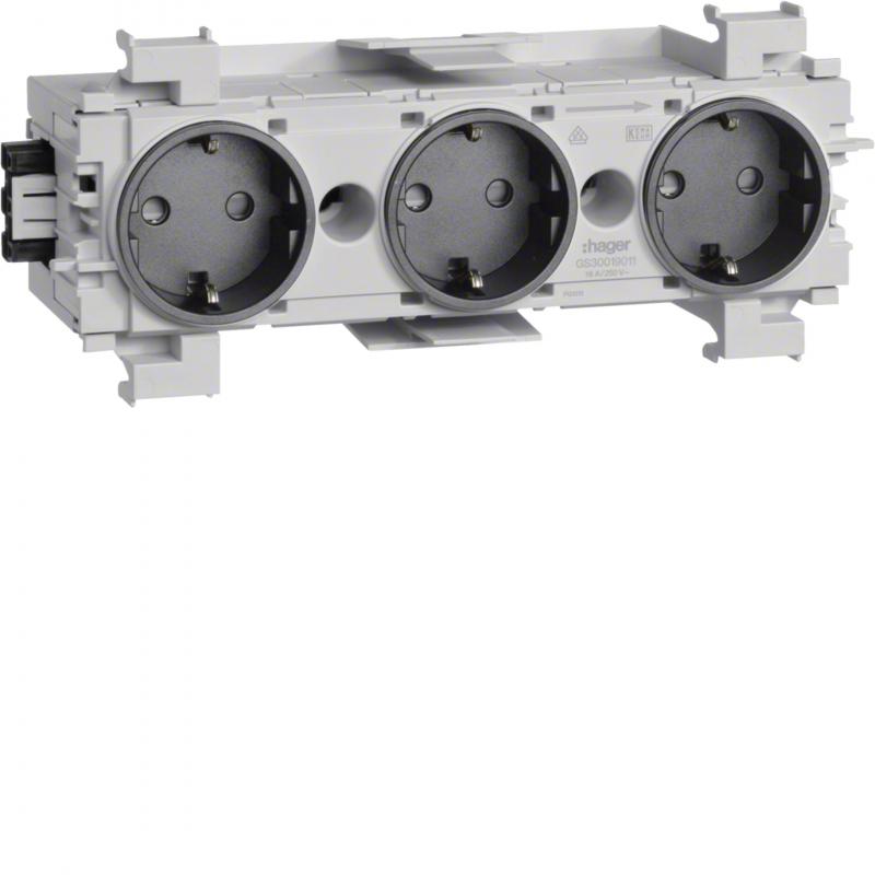 Hager SCHUKO Dreifachsteckdose, Wago Steck-/Klemmtechnik, Frontrastend, graphits