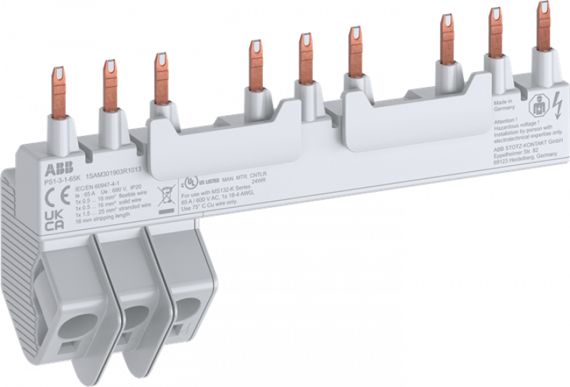 ABB PS1-3-1-65K 3-Phasen Sammelschiene 3x MS132-K + 1 seitl. Hilfsschalter, 65A