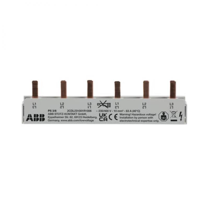 ABB PS3/6 Phasenschiene 3-phasig, 6 Pins, 6 TE, 10 mm², nicht kürzbar Phasenfolge L1-L2-L3-L1-...