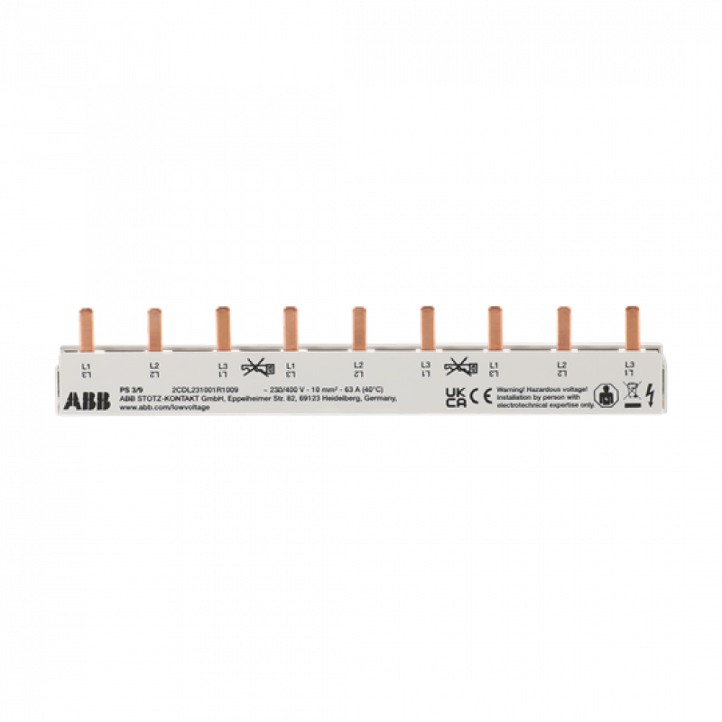 ABB PS3/9 Phasenschiene 3-phasig, 9 Pins, 9 TE, 10 mm², nicht kürzbar Phasenfolge L1-L2-L3-L1-...