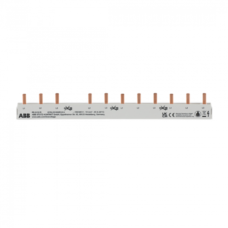ABB PS3/12FI Phasenschiene 3-phasig, 12 Pins, 12TE, 10mm², nicht kürzbar, 1xF204 + 8xS201 Phasenfolge L1-L2-L3-frei-L2-L3-L1-L2..