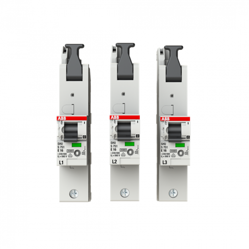 ABB S751-E16 Hauptleitungsschutzschalter in E-Charakteristik, 25kA, 16A, 1P SH-Schalter, bestehend aus einem Set = 3 einzelne Pole L1, L2, L3