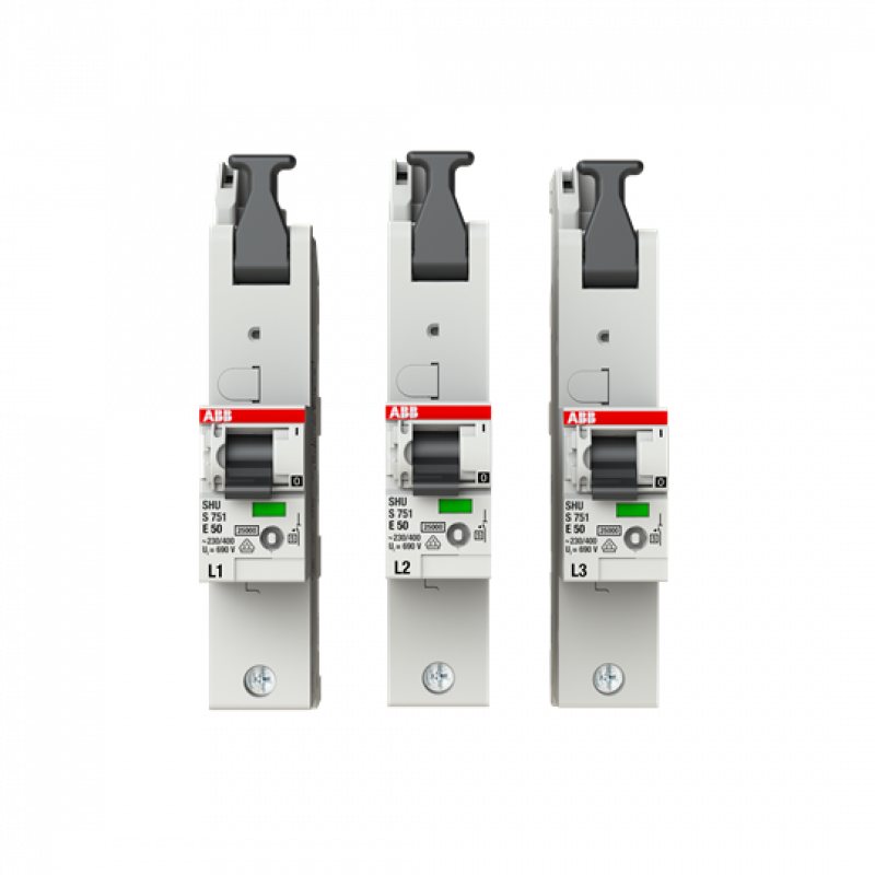 ABB S751-E50 Hauptleitungsschutzschalter SH-Schalter E-Charakteristik, 25kA, 50A, 1P, Set L1, L2, L3 1 Satz = 3 einzelne Pole L1, L2, L3