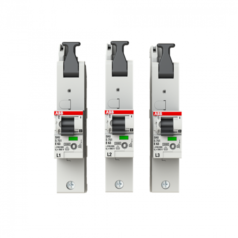 ABB S751-E63 Hauptleitungsschutzschalter SH-Schalter E-Charakteristik, 25kA, 63A, 1P, Set L1, L2, L3 1 Satz = 3 einzelne Pole L1, L2, L3