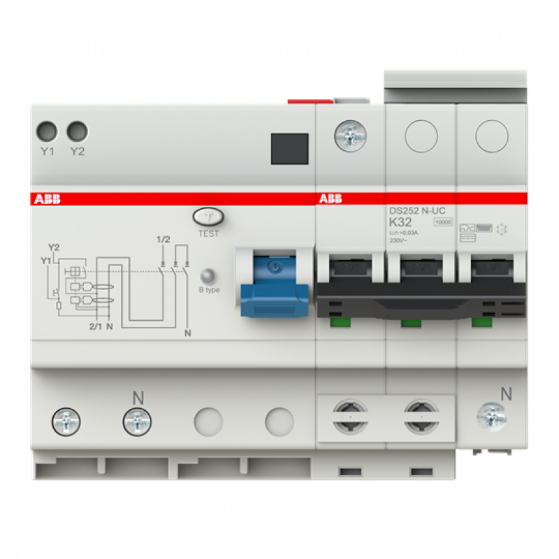 ABB DS252N-UC-K32/0.03 FI/LS-Kombination, Typ B, 10 kA, 2P/N-UC, K 32 A, 30 mA, allstromsensitiv, kurzzeitverzögert