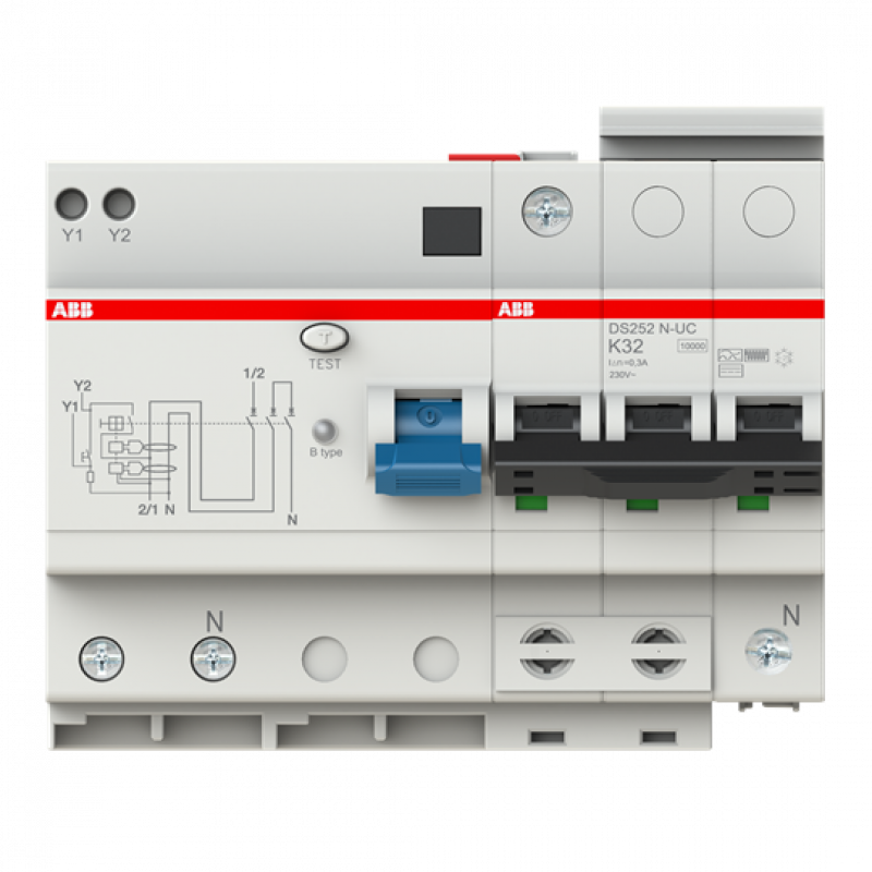 ABB DS252N-UC-K32/0.3 FI/LS-Kombination, Typ B, 10 kA, 2P/N-UC, K 32 A, 300 mA, allstromsensitiv, kurzzeitverzögert