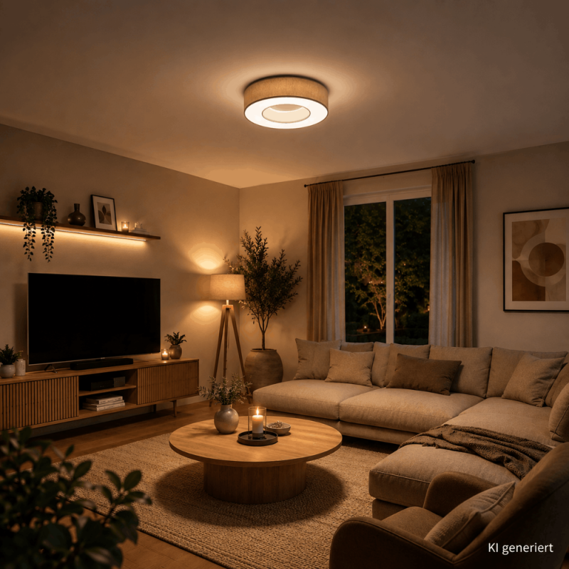 Helestra LOMO LED-Deckenleuchte Ø 45 cm, 34 W, 2800 K Warmweiß, 2500 lm, CRI 90–100, dimmbar, Chintz Mocca, CASAMBI Smart