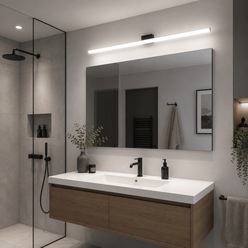 120cm Helestra LOOM LED Wandleuchte & Spiegeleuchte in matt Schwarz & Transparent satiniert
