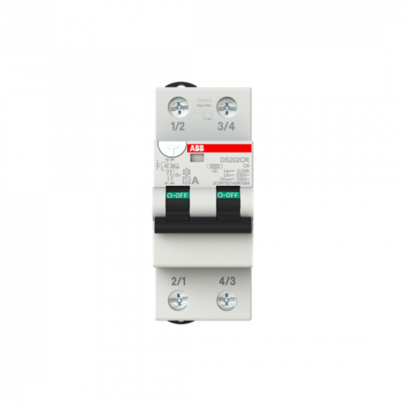 ABB DS202CR C6 A30 FI/LS-Schalter 6 kA, 2P, Typ A, C6, 30 mA 2 Teilungseinheiten