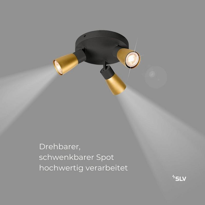 SLV 1008341 PURI 2.0 Dome, Wand- und Deckenaufbauleuchte, rund, 3 x max. 6 W GU10, schwarz / gold