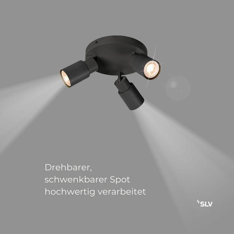 SLV 1008332 PURI 2.0 Tube, Wand- und Deckenaufbauleuchte, rund, 3 x max. 6 W GU10, schwarz