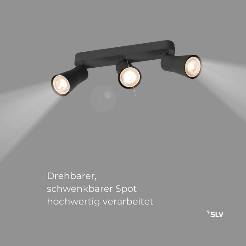 SLV 1008324 PURI 2.0 Cone, Wand- und Deckenaufbauleuchte, long, 3 x max. 6 W GU10, schwarz