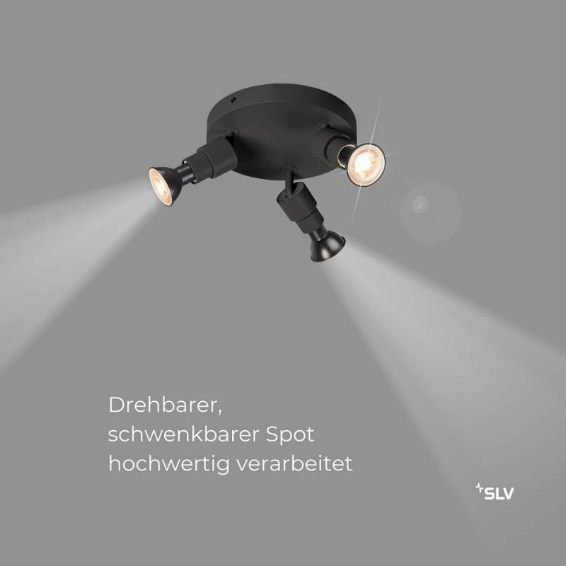 SLV 1008237 PURI 2.0 Basic, Wand- und Deckenaufbauleuchte, rund, 3 x max. 6 W GU10, schwarz