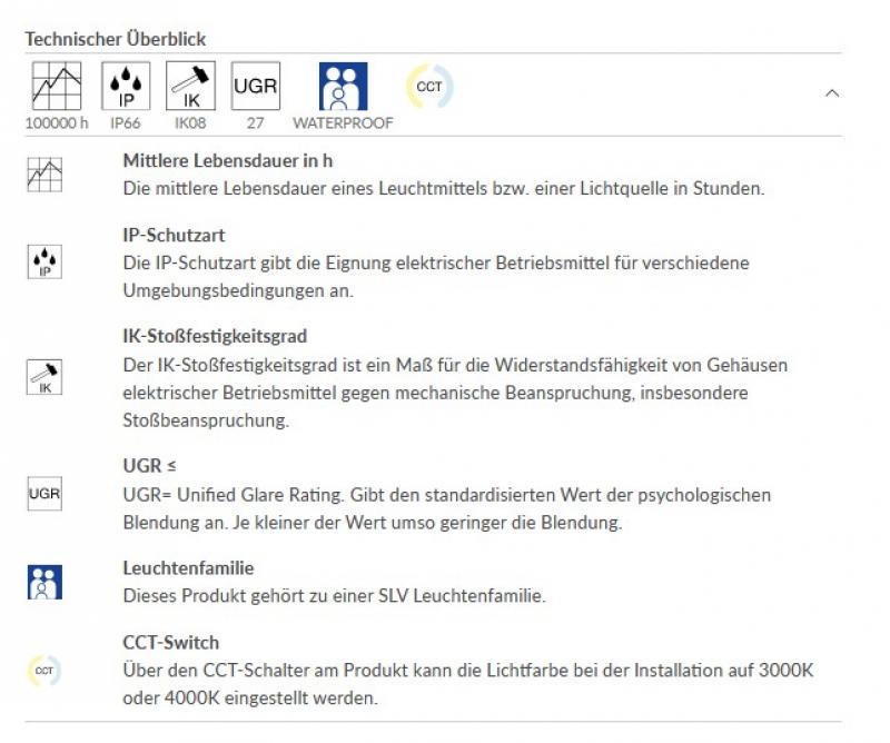 SLV 1010828 WATERPROOF P 1500 81 830/840/850 ML HF EM 3H IP66 – 26W LED Feuchtraumleuchte CCT 3000/4000/5000K HF mit Notlicht 3h