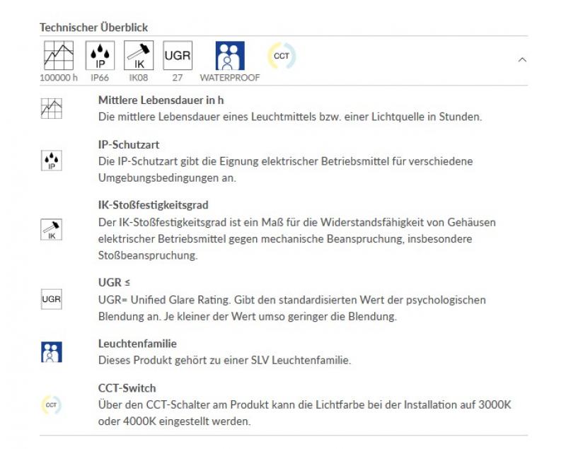 SLV 1010826 WATERPROOF P 1500 81 830/840/850 ML EM 3H IP66 – 26W LED Feuchtraumleuchte CCT 3000/4000/5000K mit Notlicht 3h
