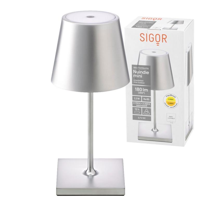 Sigor Mini Akku-Tischleuchte NUINDIE rund silber dimmbar 25cm IP54 In- & Outdoor