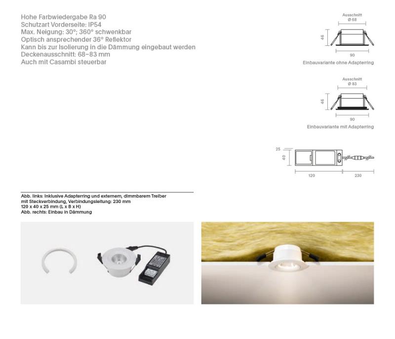 Sigor Einbauleuchte Argent IP54 BM68/83mm schwarz IP54 8W 3000-2000K 36° 430lm Ra90 360° schwenkbar - Dim-To-Warm