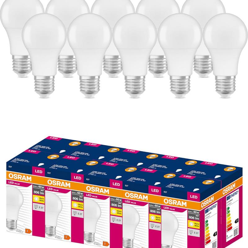 10 Sparpack Osram LED VALUE A60 E27 8.5W Warmweiß 2700K wie 60W Glühbirne