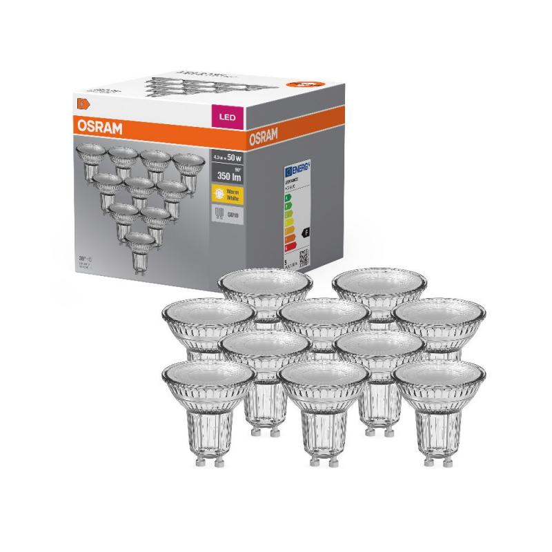 10er-PACK OSRAM LED BASE PAR16 GU10 LED Strahler 4.3W wie 50W 36° 2700K warmweißes Licht GLAS, EEK: F (Spektrum: A bis G)