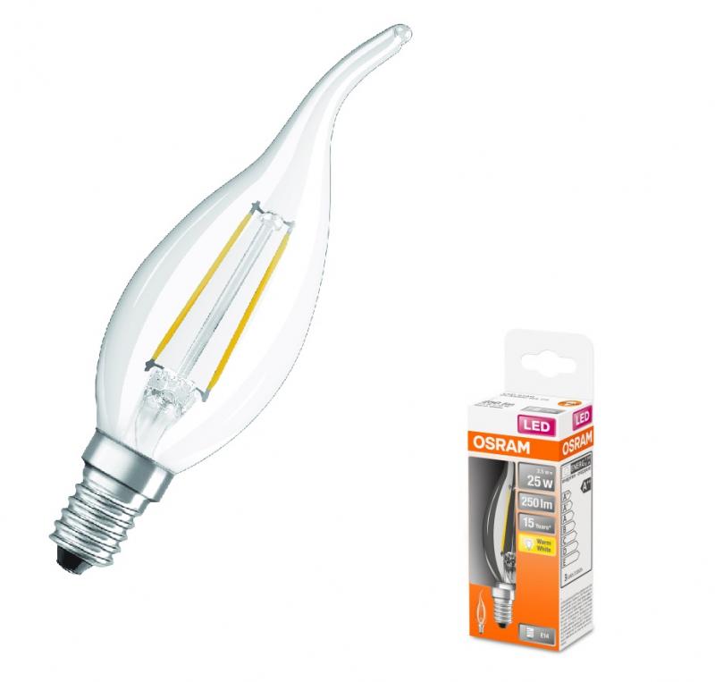 OSRAM LED E14 Kerze Winstoßform FILAMENT klar 2,5W wie 25W warmweißes Licht für Kronleuchter & dekorative Leuchten