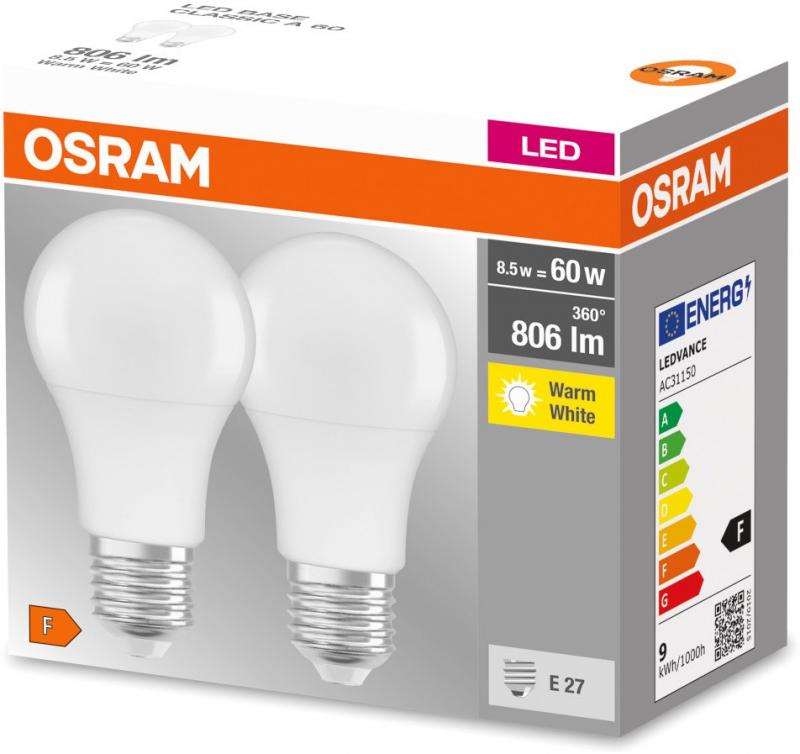 2er-Pack Osram LED E27 Leuchtmittel mattiert warmweißes Licht 8,5W wie 60 Watt blendreduziert