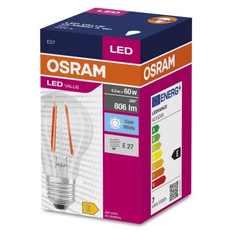OSRAM E27 LED Filament Lampe VALUE CLASSIC 6,5W wie 60W 4000K universalweißes Licht in Birnenform