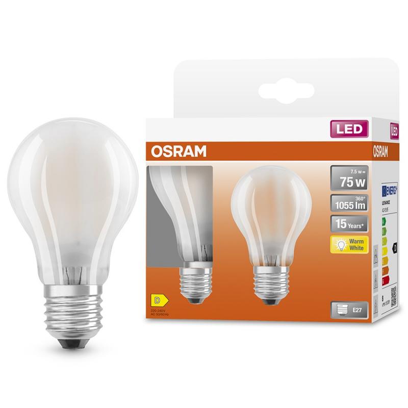 3 x DOPPELPACK E27 Osram LED Retrofit Classic LED-Glühbirne Warmweißes Licht 7,5W wie 75W mattes Leuchtmittel