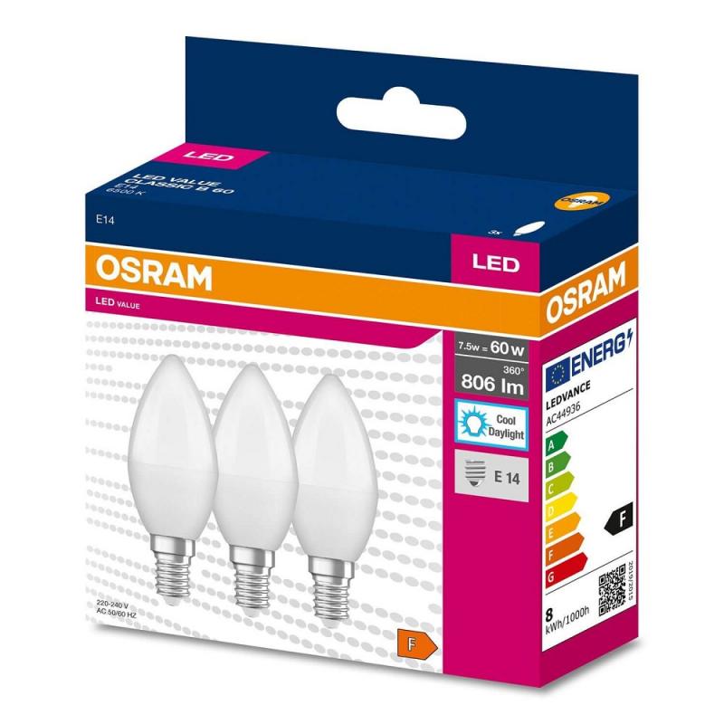 3er Pack OSRAM E14 LED Lampe in Kerzenform matt 7,5W wie 60W kaltweißes Licht 6500K
