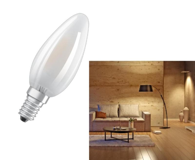Nur noch angezeigter Bestand verfügbar:   OSRAM E14 LED STAR RETROFIT Kerzenlampe matt 4W wie 40W warmweißes Licht