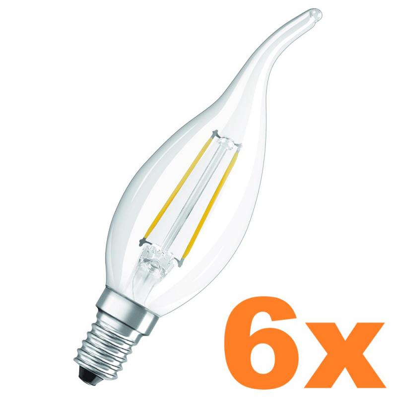 6er Sparset OSRAM LED E14 Kerze Winstoßform FILAMENT klar 2,5W wie 25W warmweißes Licht für Kronleuchter & dekorative Leuchten