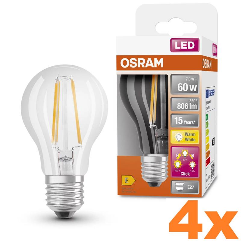 4er Set OSRAM E27 LED 3-Stufen-Dimmen Filament klar 6,5W wie 60W E27 warmweisses Licht