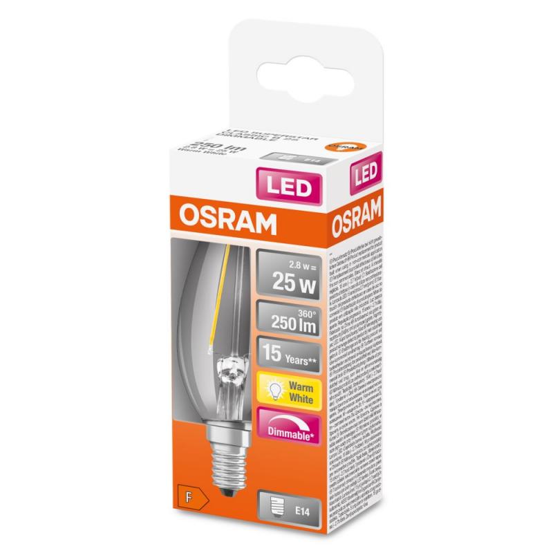 6er Sparset OSRAM E14 LED SUPERSTAR FILAMENT Kerzen Lampe klar dimmbar 2,8W wie 25W warmweißes Licht