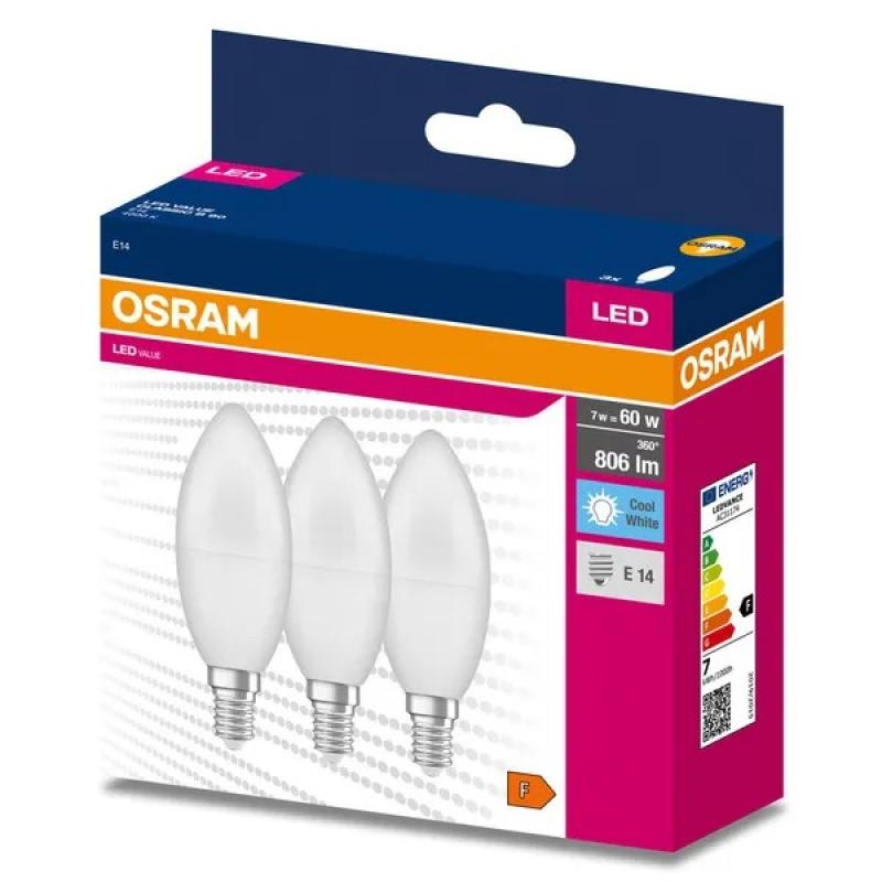 3er Sparpack OSRAM E14 LED Lampe VALUE CLASSIC B 60 matt in Kerzenform 7,5W wie 60W neutralweißes Licht