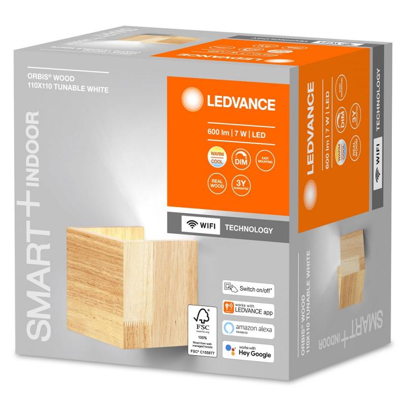 LEDVANCE SMART+ WIFI Orbis Wandlampe Wood Square aus Echt Holz mit Tunable White Technik