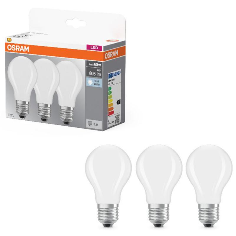3er Pack OSRAM LED BASE E27 Glühbirne matt 6,5W 60W Ersatz neutralweiß Bürolampe