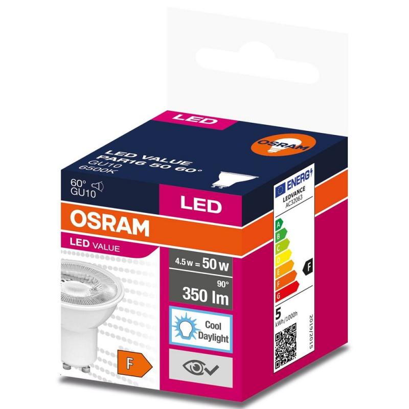OSRAM GU10 Value PAR16 LED Reflektor 60° 4,5W wie 50W Tageslichtweiß 6500K - mittelbreiter Lichtkegel
