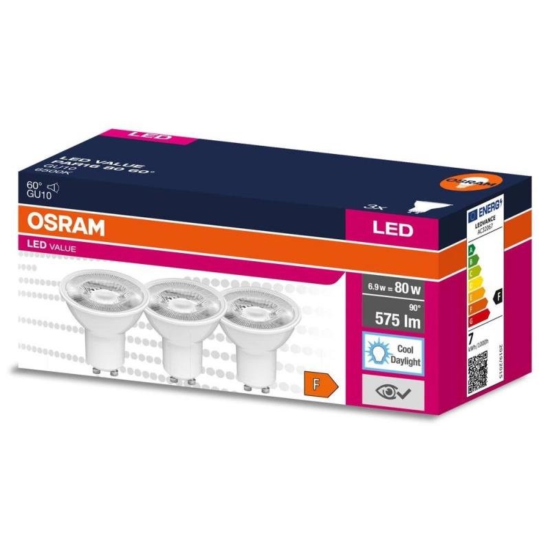3er Pack OSRAM GU 10 Value PAR16 LED Reflektor 60° 6.9W wie 80W Tageslichtweiß 6500K - mittelbreiter Lichtkegel