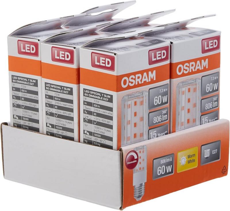 6er Pack Osram E27 LED Lampe Special T Slim dimmbar 7.3W wie 60W warmweißes Licht