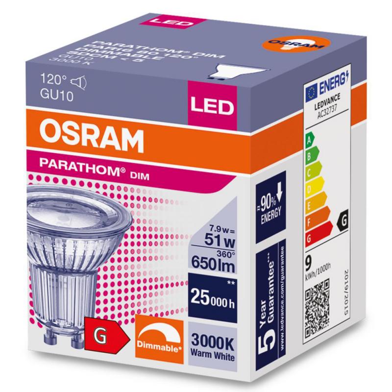 OSRAM GU10 PARATHOM  PAR16 dimmbar 120° Winkel 7,9W wie 50W 3000K warmweißes Licht mit hoher Farbwiedergabe