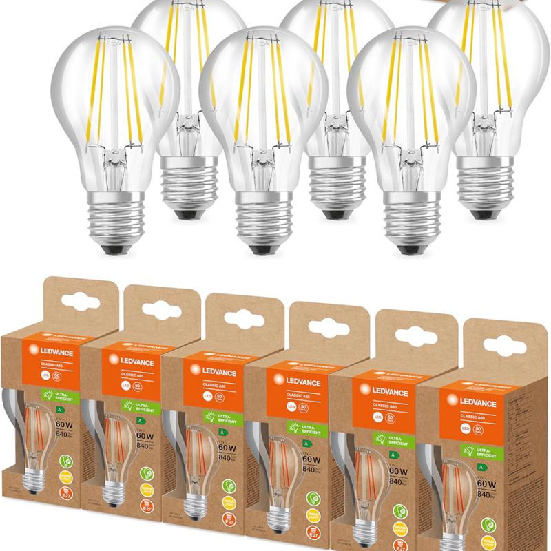 6er Vorteilspack Ledvance E27 Besonders effiziente LED Lampe Classic FILAMENT klar 4W wie 60W 3000K warmweißes Licht für die Wohnung