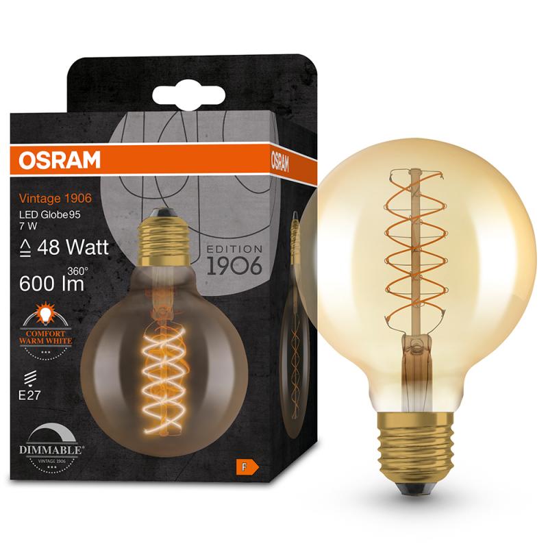 OSRAM LED VINTAGE E27 Glühlampe Globe 95 GOLD dimmbar 7W wie 48W extra warmweißes gemütliches Licht