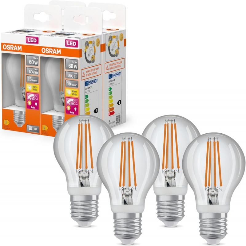 4er Sparset OSRAM E27 LED Lampe STAR MOTION SENSOR FILAMENT klar 7,3W wie 60W warmweißes Licht mit Sensor