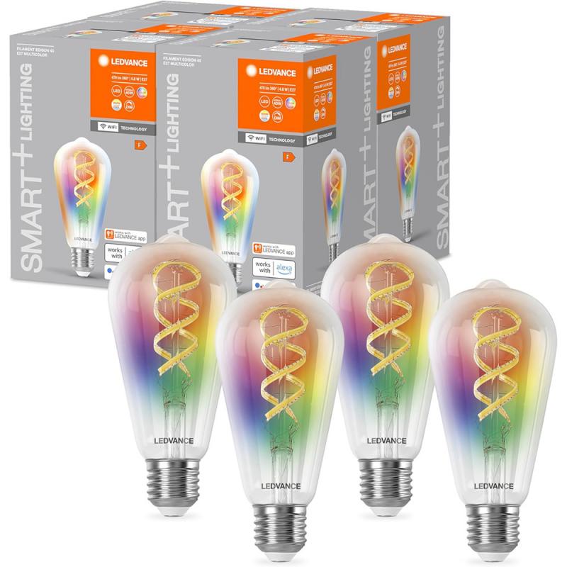 4er Pack  LEDVANCE SMART+ E27 WiFi Filament Edison 40 Multicolour Lampe 4,8W wie 40W Tunable White & RGBW